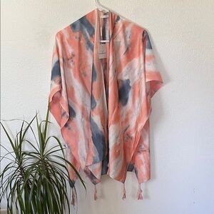 Do everything in love Coral, Blue & White Watercolor Kimono Wrap with Tassels